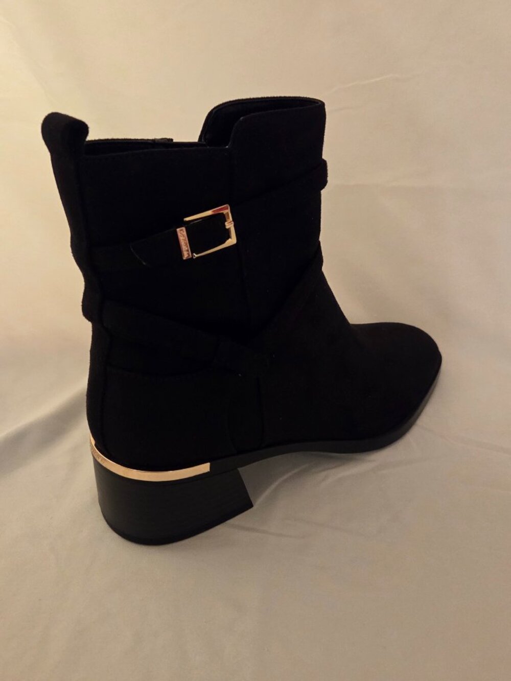Calvin Klein Black Faux Suede Block Heel Boots | Gold Detail